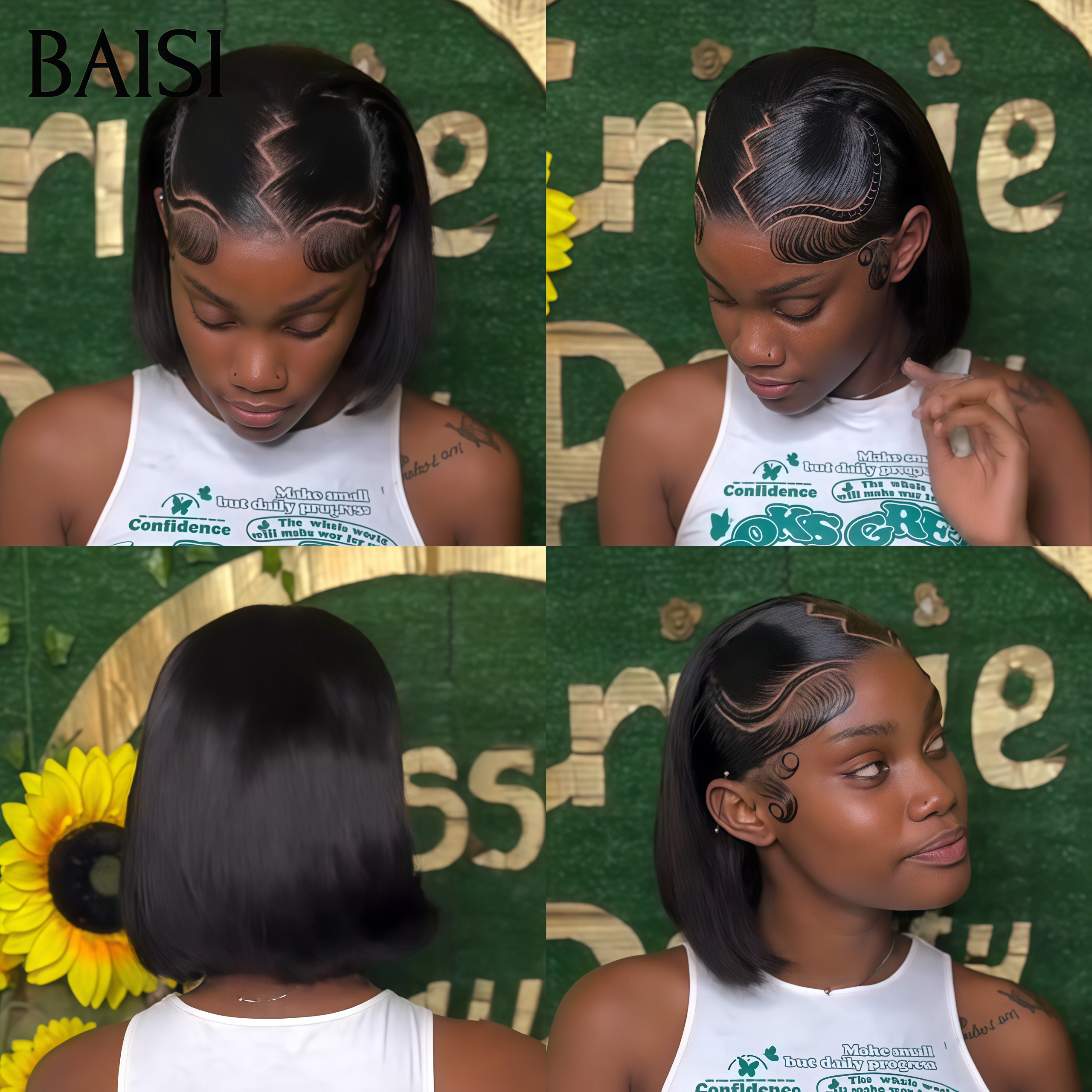 BAISI  13x4 Lace Frontale 10 Pouce lisse Noir 85€ sans colle prêt-à-porter Perruques avec coiffure tressée natte Vidéo 100% Réelle en 100% cheveux humains