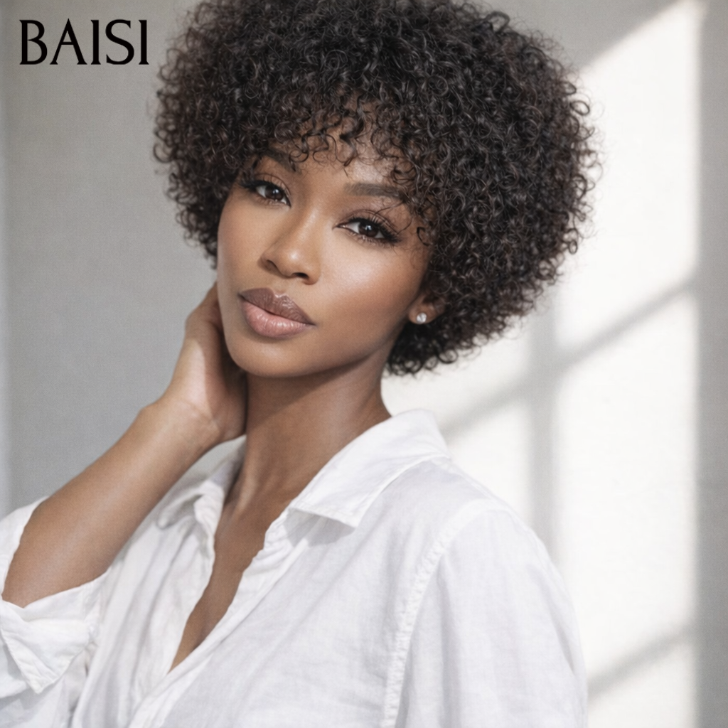 BAISI sans lace Perruque Pixie En Couleur noir 48€ curly wave en France en 100% Cheveux Humains