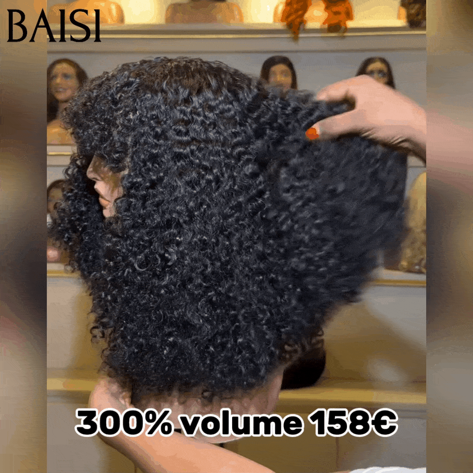 BAISI  perruque Curly wave avec Frange 18 pouces 158€ 300% Volume grande NOIR en 100% cheveux humains FR38