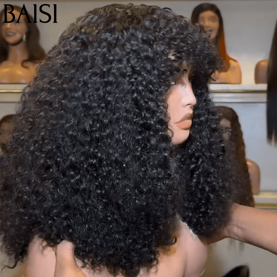 BAISI  perruque Curly wave avec Frange 18 pouces 158€ 300% Volume grande NOIR en 100% cheveux humains FR38
