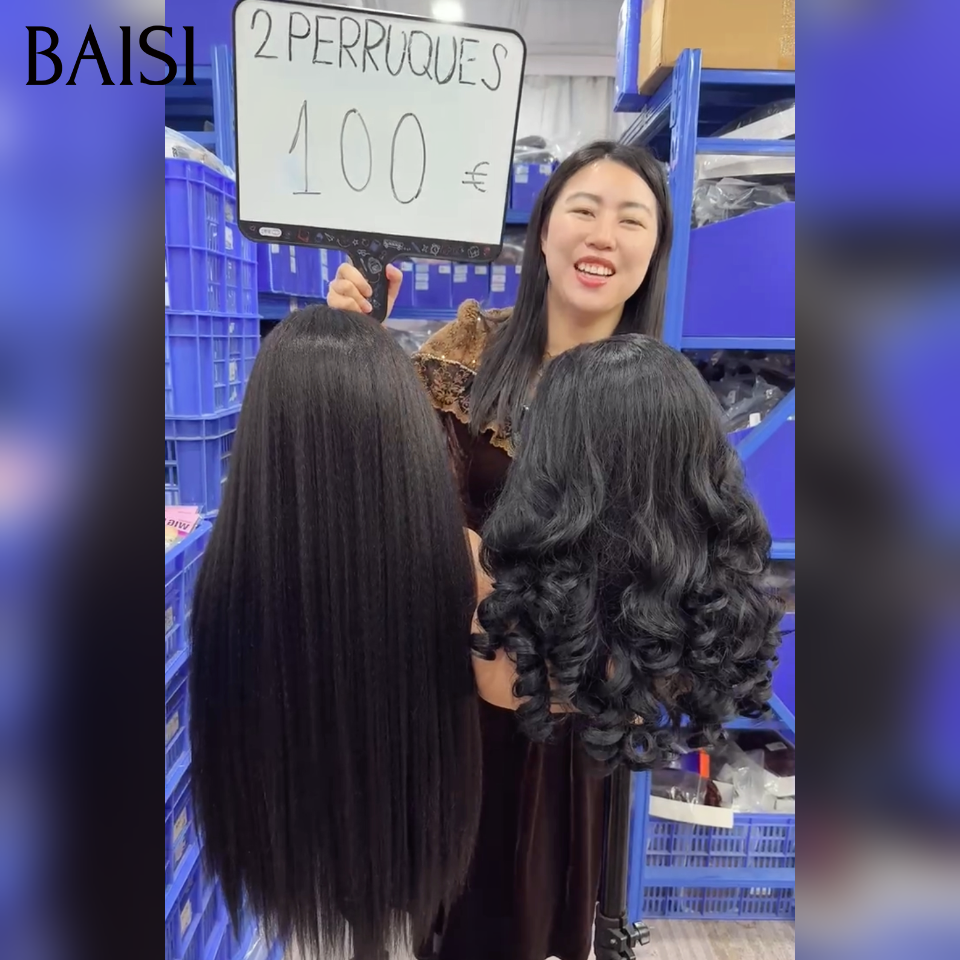 BAISI promotion 2 perruques 100€ Perruque Blended human hair bandeau kinky straight 32 Pouces et egg wave 20 Pouces en noir en 100% Cheveux Humains