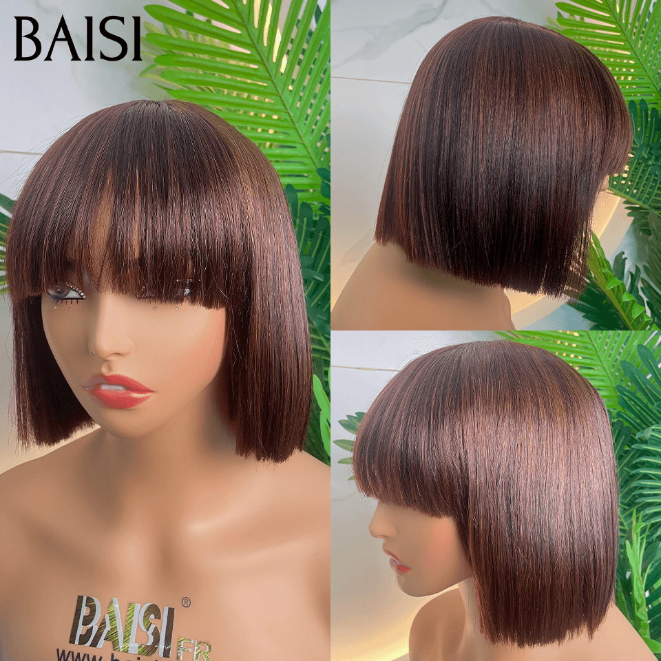 BAISI 15A SDD BONE STRAIGHT 300% densità Glueless Laceless 100% Vietnam Capelli lisci Bob con frangia Parrucche di lusso 100% Vietnam Capelli SDD BONE STRAIGHT Colore # 33 A1 Realizzato con capelli doppi disegnati