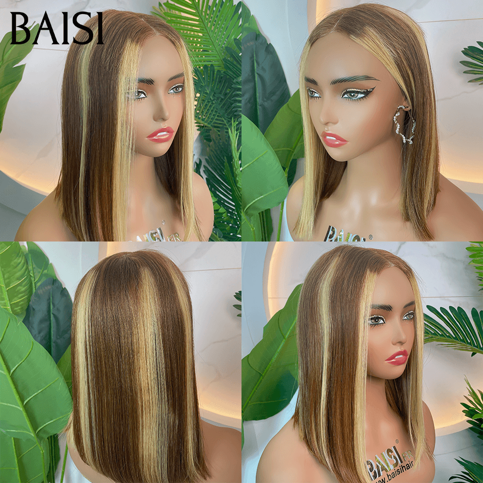 BAISI  Perruque Lisse DE luxe Bob 2x6 Lace 10 Pouces 85€100% Vietname Hair en couleur Marron Mixte miel En 100% Vrais Cheveux Humains FR38