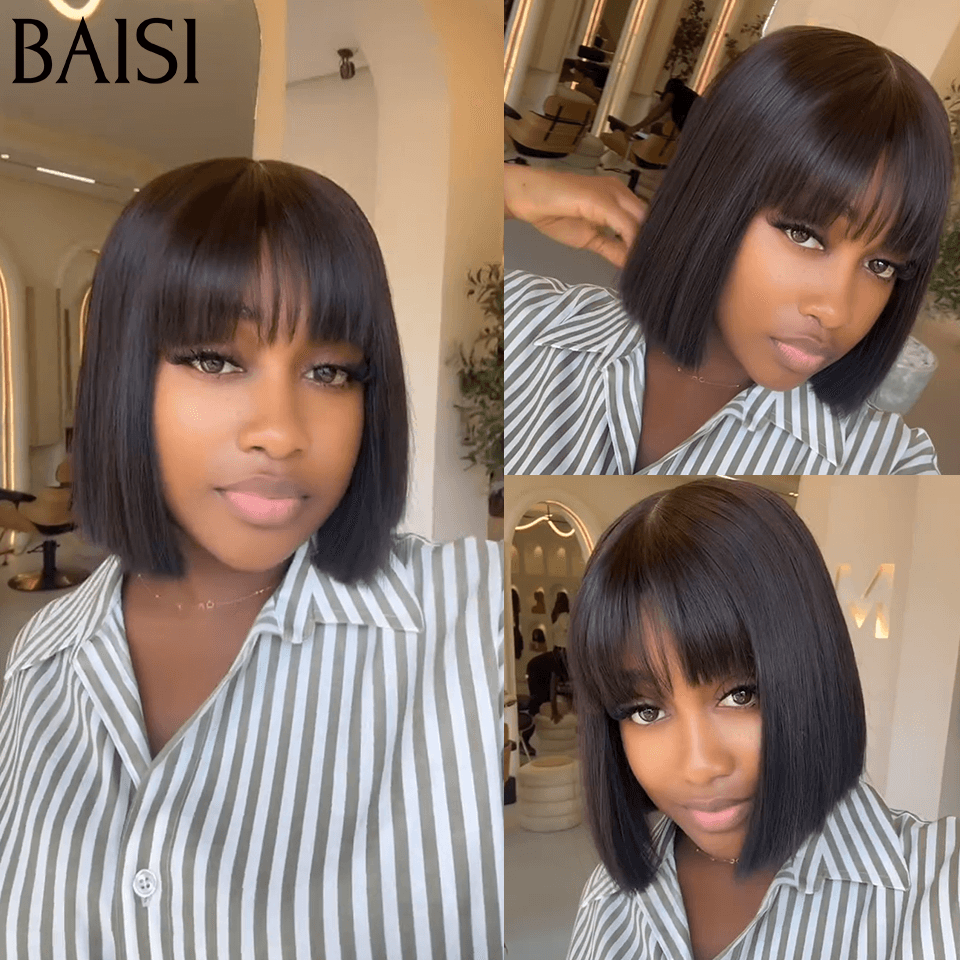BAISI  Peruca lisa com franja 18 polegadas 109€ ou mista 92€  Em cor preto ou mista ou bob liso de luxo PRETO 8 polegadas 68€ em 100% cabelo humano