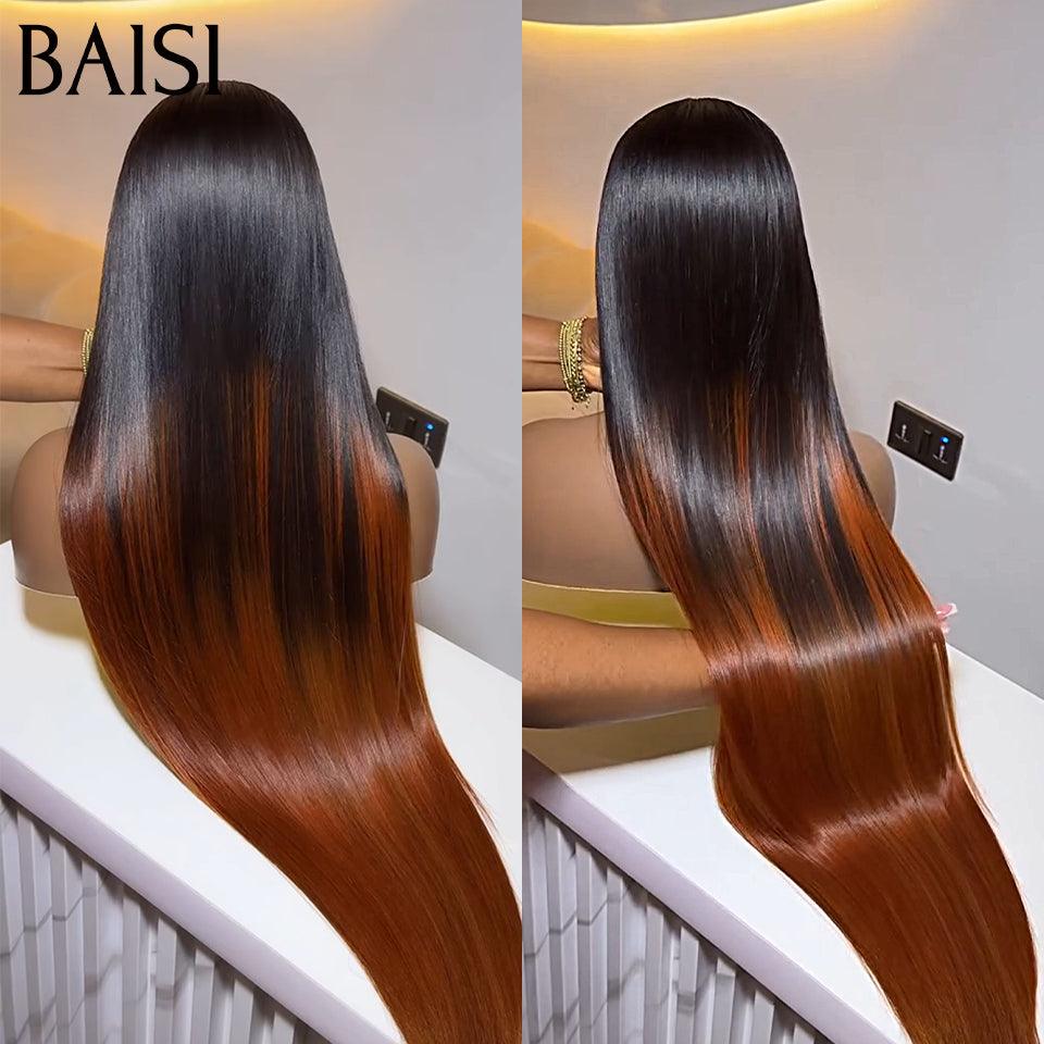 BAISI Pre-plucked invisible lace frontal pre-plucked flawless result 13x4 Frontal Straight Wig in color #1B4 Pre-plucked No Glue Needed in 100% Raw Hair Lace already cut