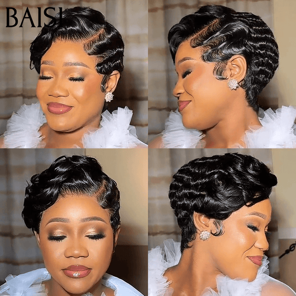 BAISI  13x4 Lace Frontale Perruque Pixie Finger Wave Moitié Prix petite coupe 59€ NOIR En 100% Cheveux Humains MP50