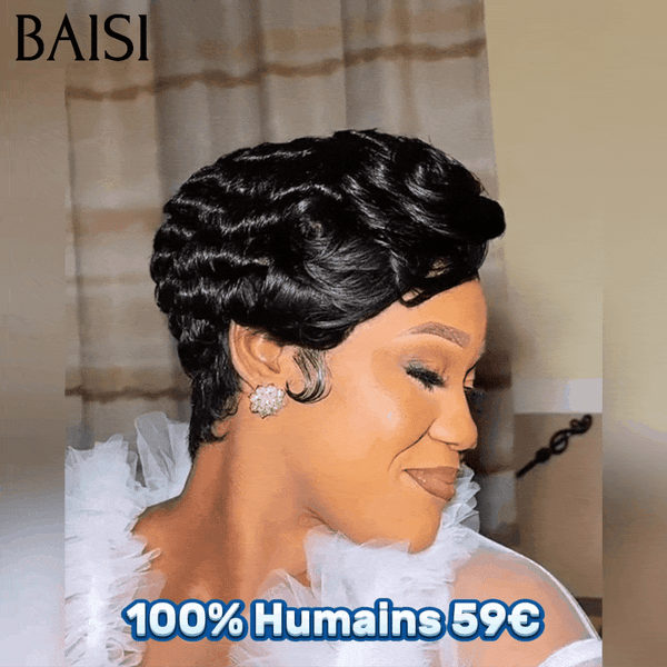 BAISI  13x4 Lace Frontale Perruque Pixie Finger Wave Moitié Prix petite coupe 59€ NOIR En 100% Cheveux Humains MP50