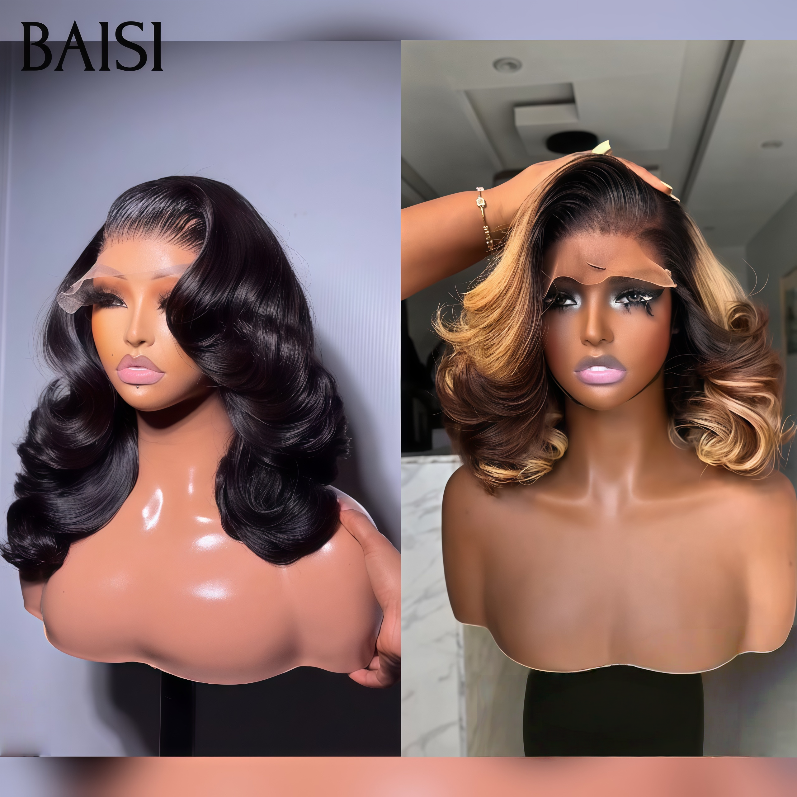BAISI PROMO perruque 13x4 lace frontal egg wave en 2 couleurs noir ou mixte miel bob 12 pouces en 100% Cheveux Humains