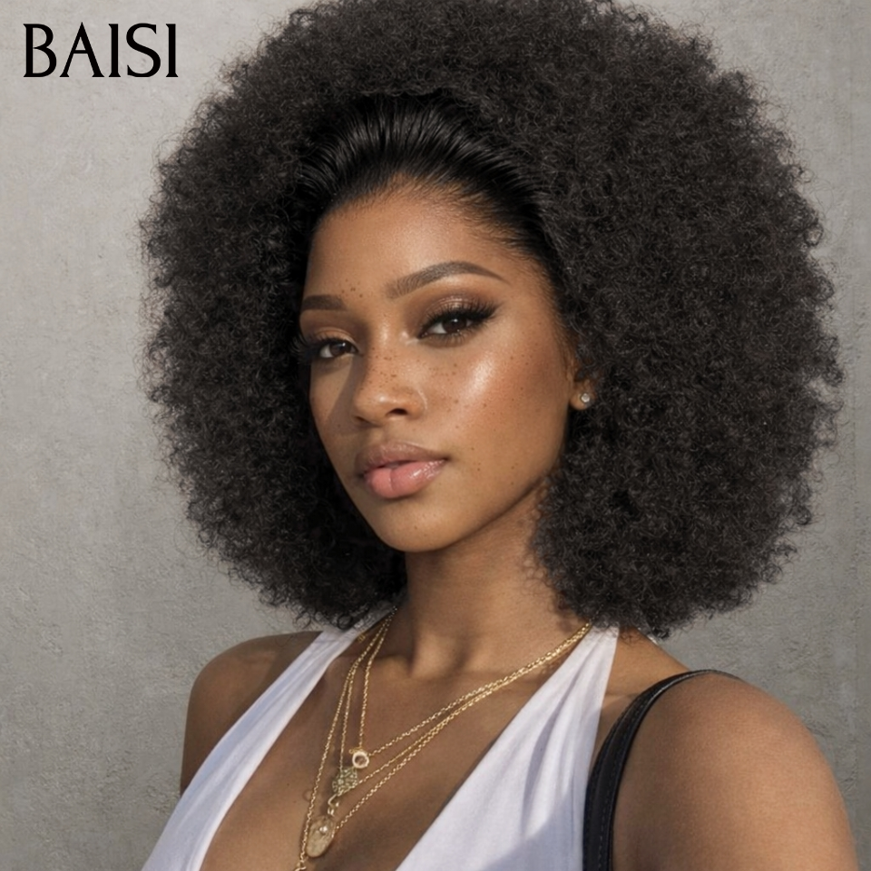 BAISI 13x4 Frontal pixie Peruca afro em preto 78€ 100% Cabelo Humano Em Grande Promoção FR38