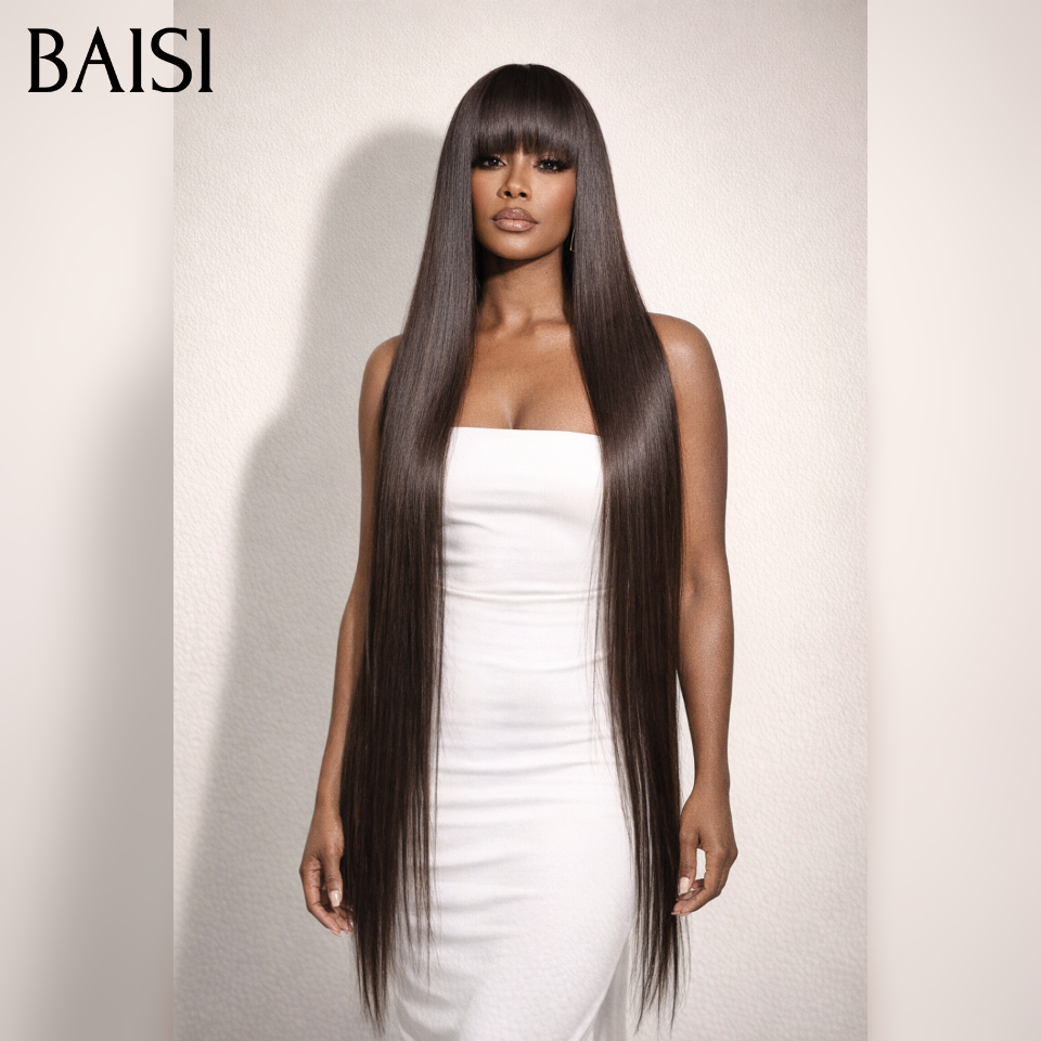 BAISI Perruque Lisse avec Frange sans Colle Fabriqué à la Machine 40 Pouces 100€ Moitié Prix en Blended human hair