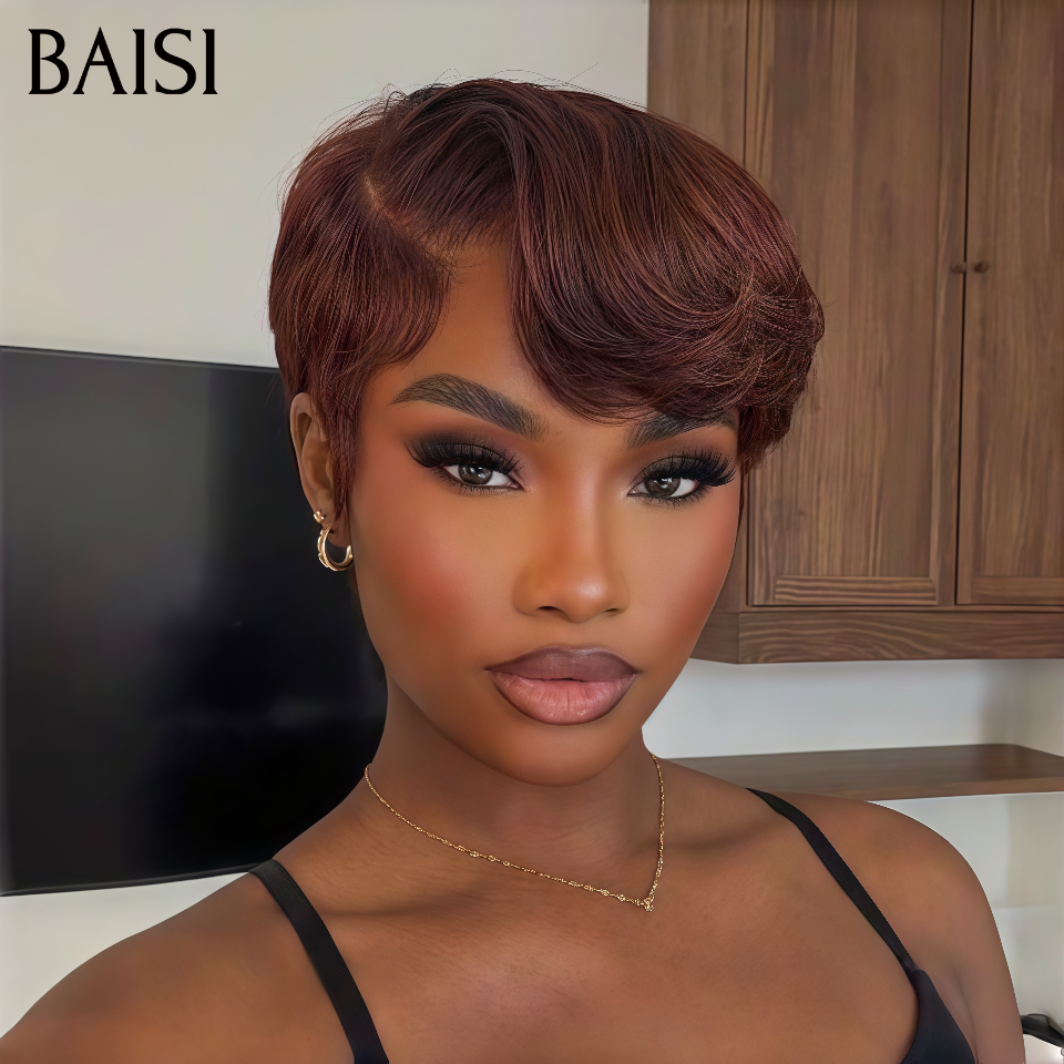 BAISI Perruque Pixie Lisse Coupé Avec Racine Des Cheveux PrePlucked marron 100% Cheveux Humains