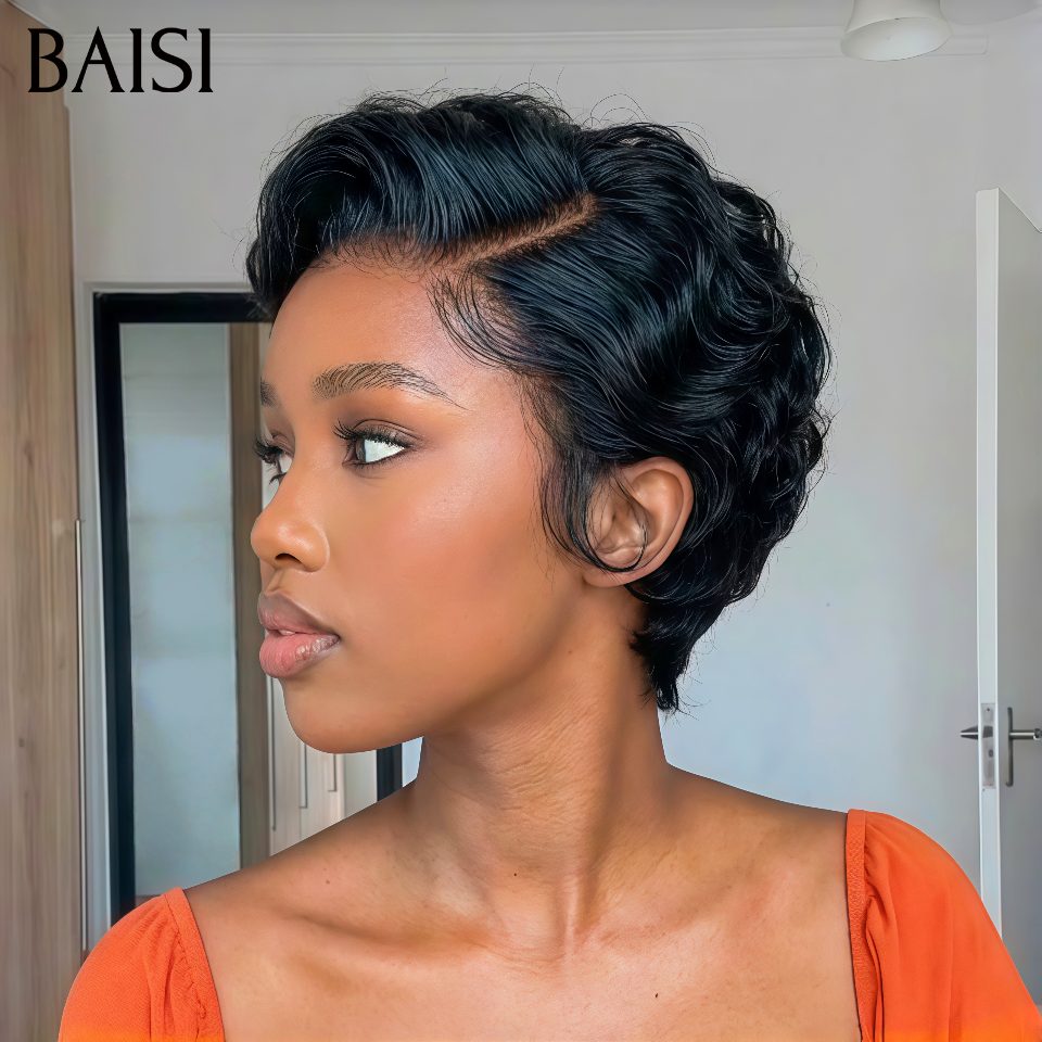 BAISI 13x4 Frontal Peruca pixie lisa preta 68€ em França em 100% cabelo humano verdadeiro