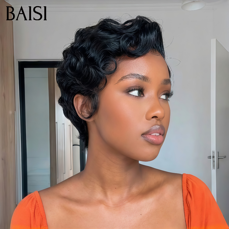 BAISI Achetez 2 perruques minimum au prix d'usine fournisseur 13X4 lace perruque pixie en couleur Noir en 100% Cheveux Humains