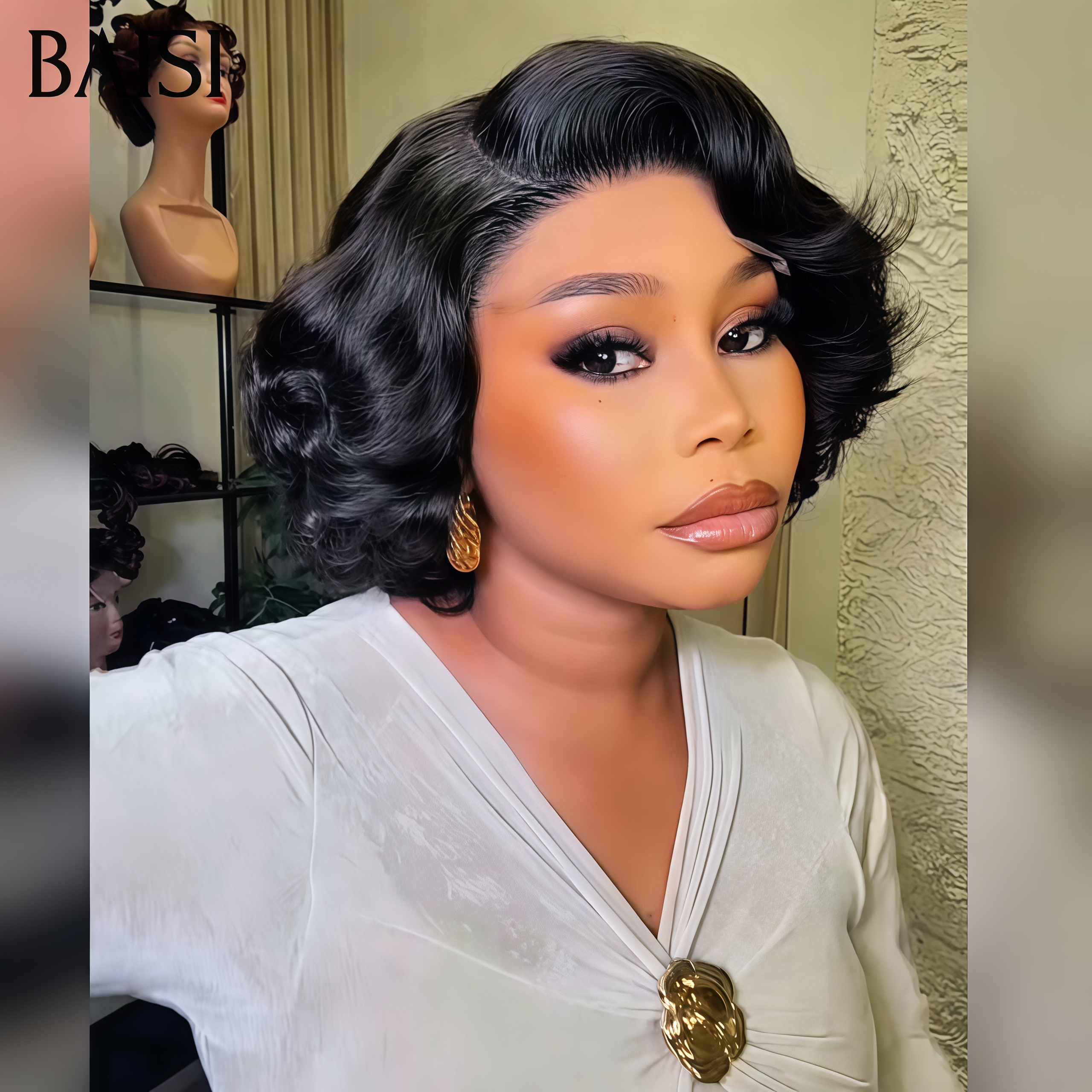 BAISI 5X5 lace closure Perruques egg wave 10 pouces 79€ Moitié prix Prêt à porter en couleur NOIR Offre spéciale en 100% vrais cheveux humains