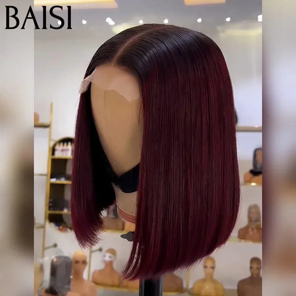 BAISI 2X6  Perruques de Luxe Haute Qualité Viêtnam Hair  Lisse BOB en Couleur  Bordeaux avec racine noir 1BT99J# en 100% Cheveux Humains