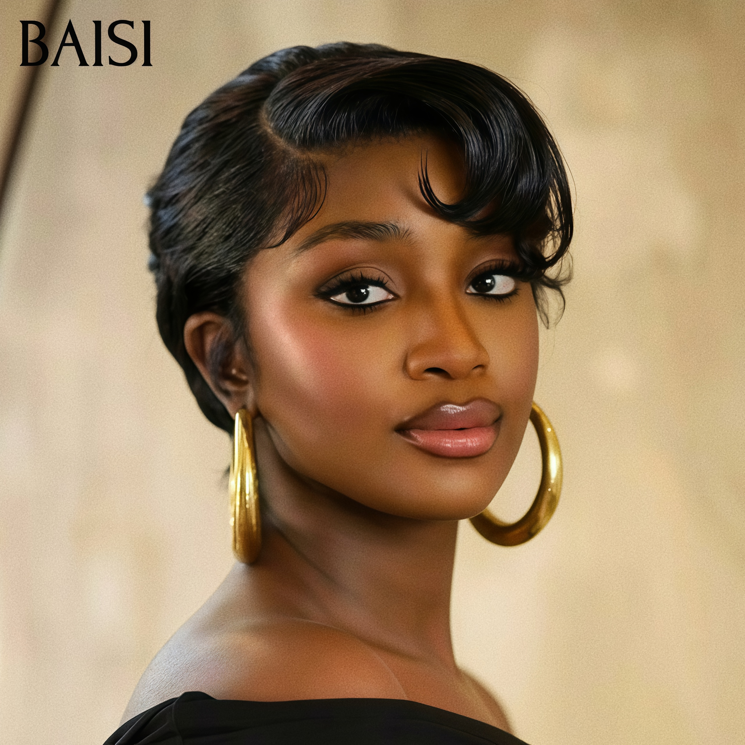 BAISI Perruque pixie Lisse 55€ avec 13x4 lace frontal Couleur NOIR en 100% Cheveux Humains