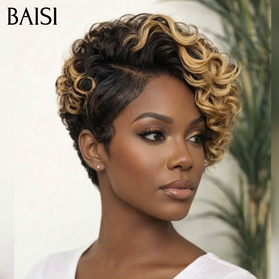 Parrucche BAISI Consegna gratuita in Europa Grande promozione arrivo pixie cut machine realizzata in capelli umani al 100% in # 1Bmix Purple