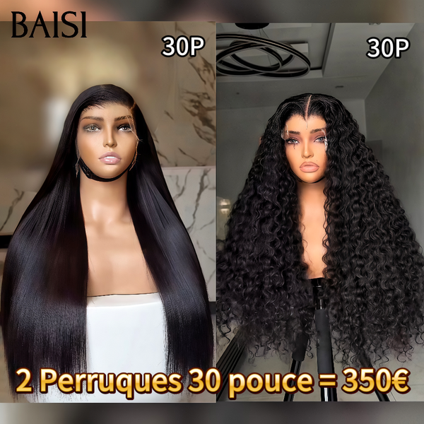 BAISI promotion 2 perruques 350€ 30 Pouces 13x4 lace frontal Perruque noir Lisse et curly wave en 100% Cheveux Humains