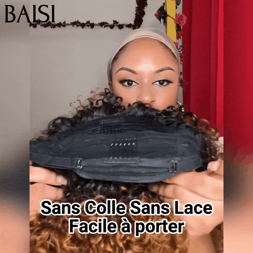 BAISI  Perruque  Afro curly Wave avec Frange bob en Couleur Marron 1BT4#  sans colle En 100% Vrais Cheveux Humais  Code FR38