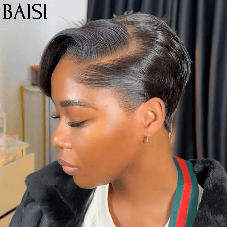 BAISI T-Part Lace Frontal pixie Perruque Avec Transparent lace 13x1x6 59€ en Couleur noir  FR38
