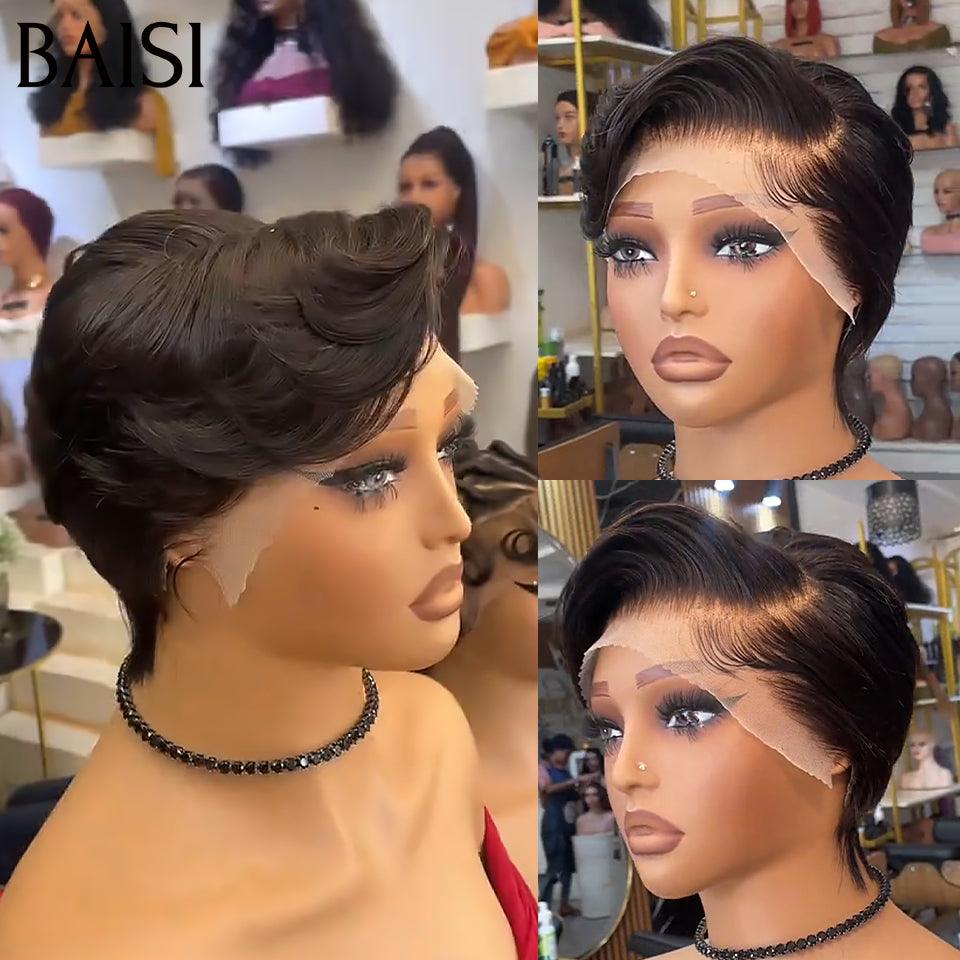 BAISI 1 Lisse sans colle Noir 49€ DE LUXE ou 13x4 Lace Frontale Perruque Pixie Moitié Prix petite coupe 75€ En 100% Cheveux Humains MP50