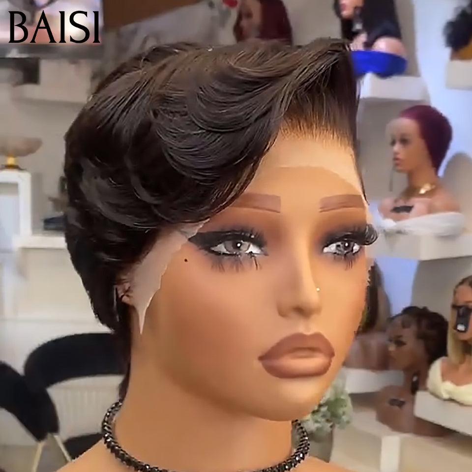BAISI 1 Lisse sans colle Noir 49€ DE LUXE ou 13x4 Lace Frontale Perruque Pixie Moitié Prix petite coupe 75€ En 100% Cheveux Humains MP50
