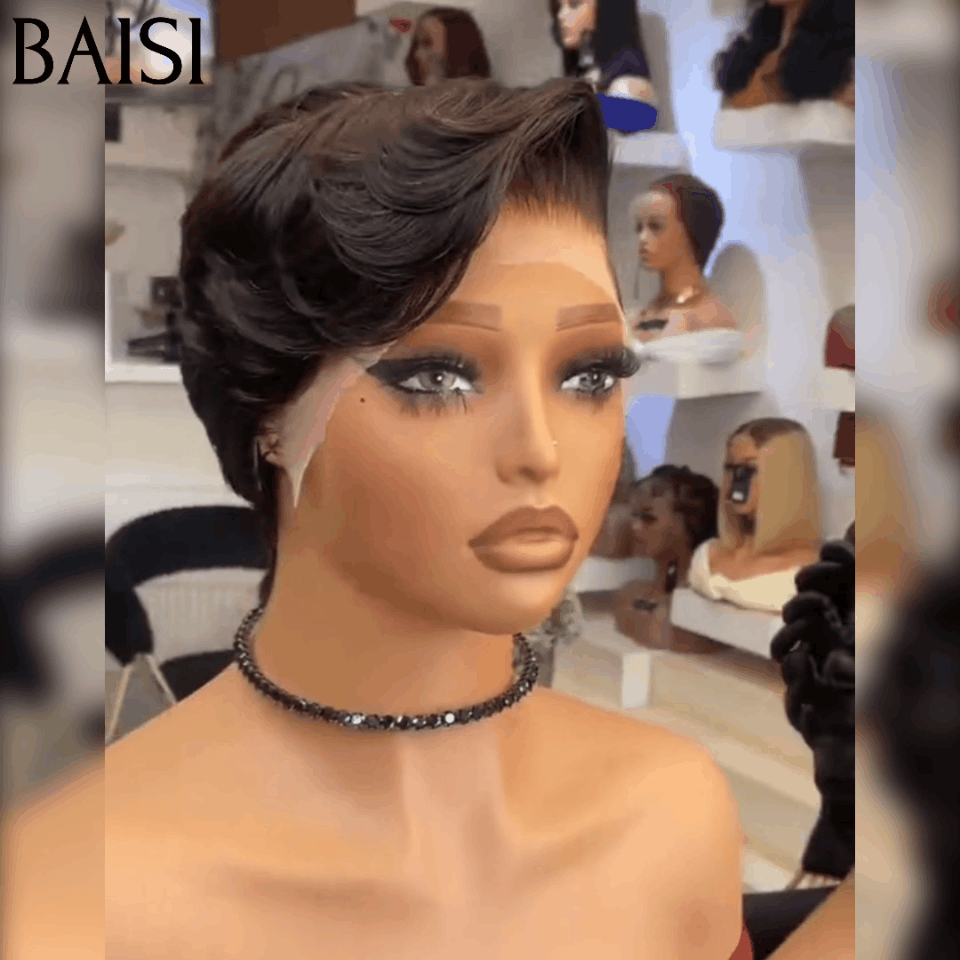 BAISI 1 Lisse sans colle Noir 49€ DE LUXE ou 13x4 Lace Frontale Perruque Pixie Moitié Prix petite coupe 75€ En 100% Cheveux Humains MP50
