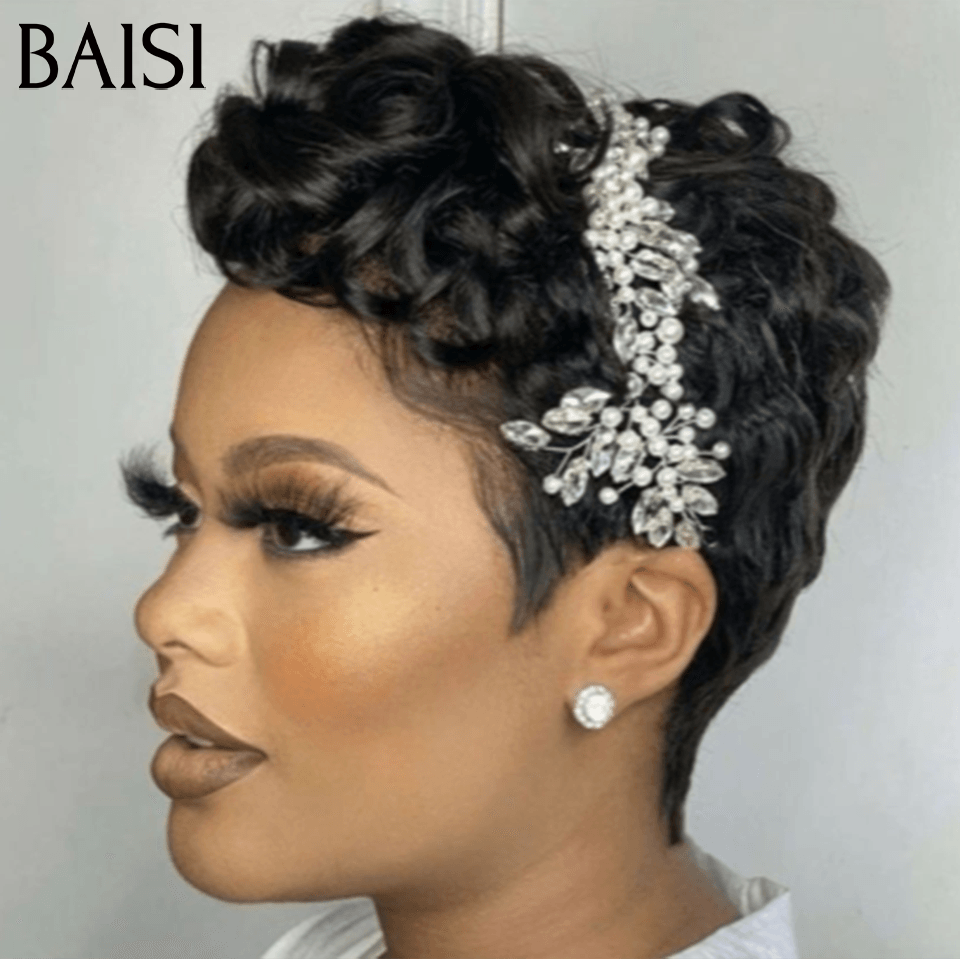 BAISI  13x4 Lace Frontale Perruque Pixie Finger Wave petite coupe + Accessoires gratuits 69€ NOIR En 100% Cheveux Humains FR38