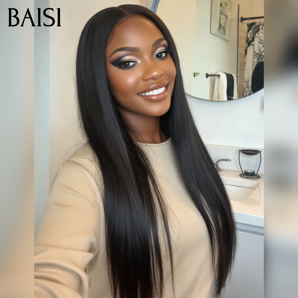 BAISI Parrucche Lisce con Frangia Realizzate con Capelli Double Drawn con Parting Naturale al Centro