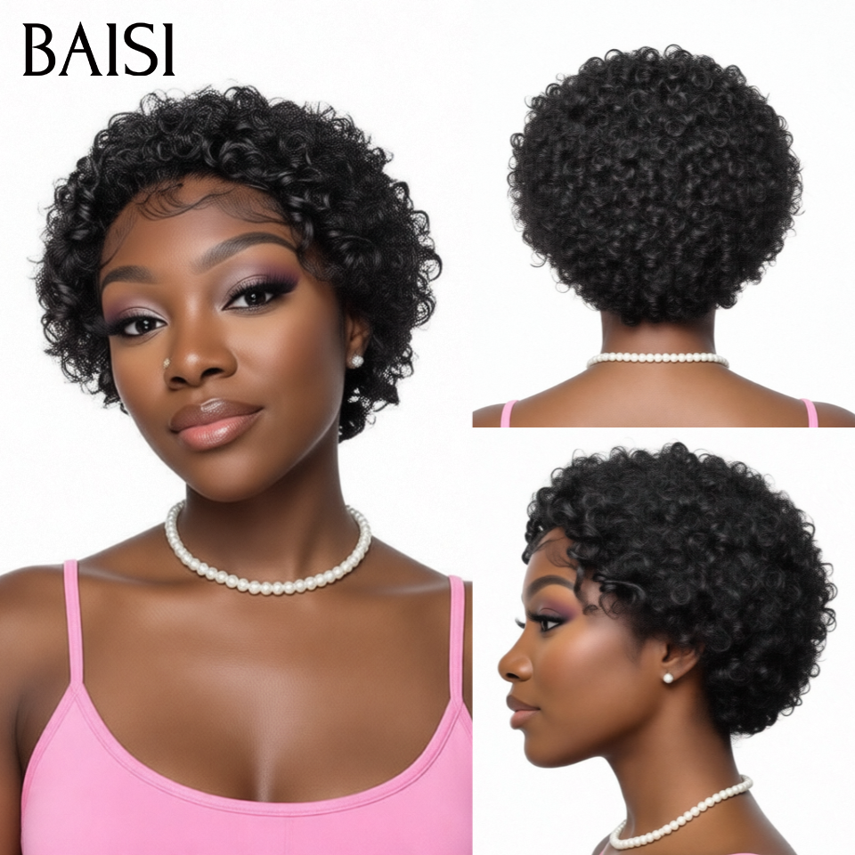 BAISI  Perruque Pixie 13x4 lace curly wave ou finger wave sans Colle sans lace Couleurs Bordeaux 99J# en 100% Cheveux Humains