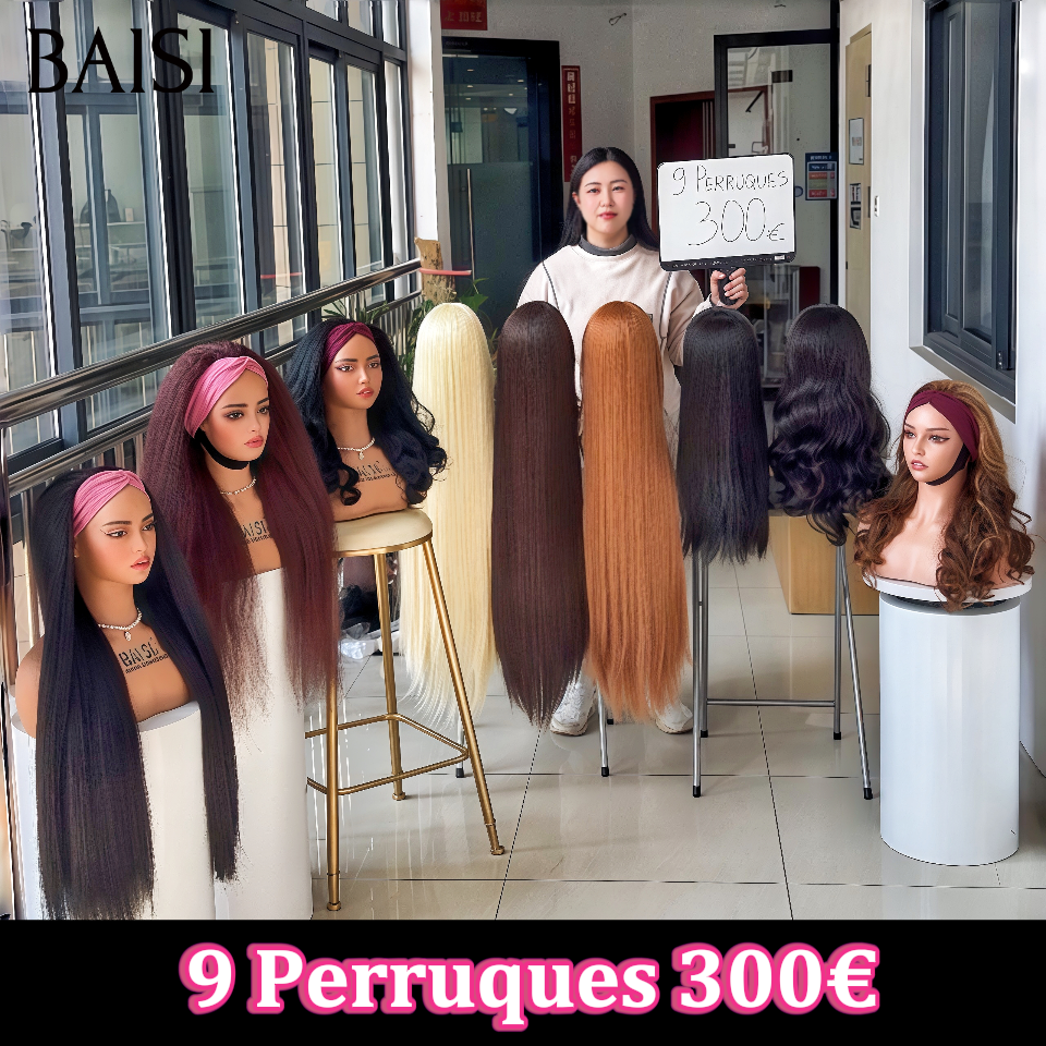 BAISI 9 Perruques 300€ en Blended human hair Lisse avec Frange ou perruque bandeau sans Colle Fabriqué à la Machine raw hair