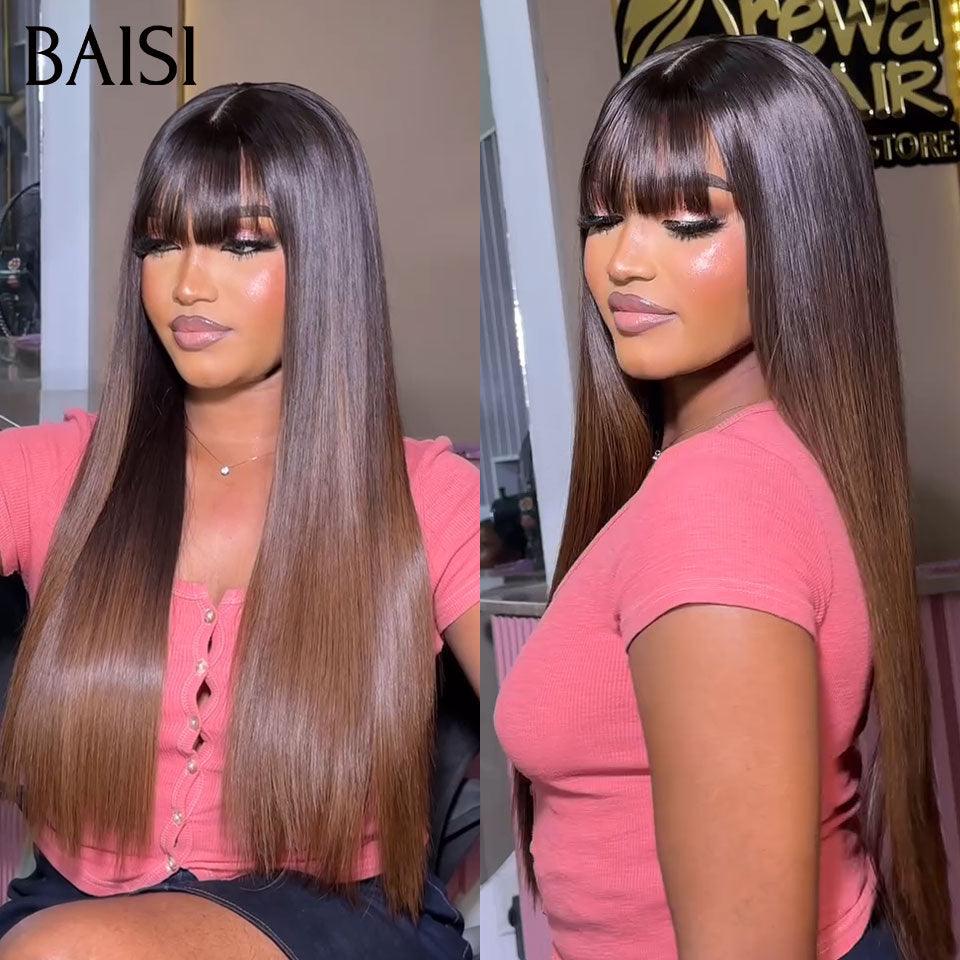 BAISI Perruques de Luxe Lisse 250%densité 18 pouces 179€ en Couleurs 1BT4# avec Frange Fabriquées par les cheveux double drawn FR38