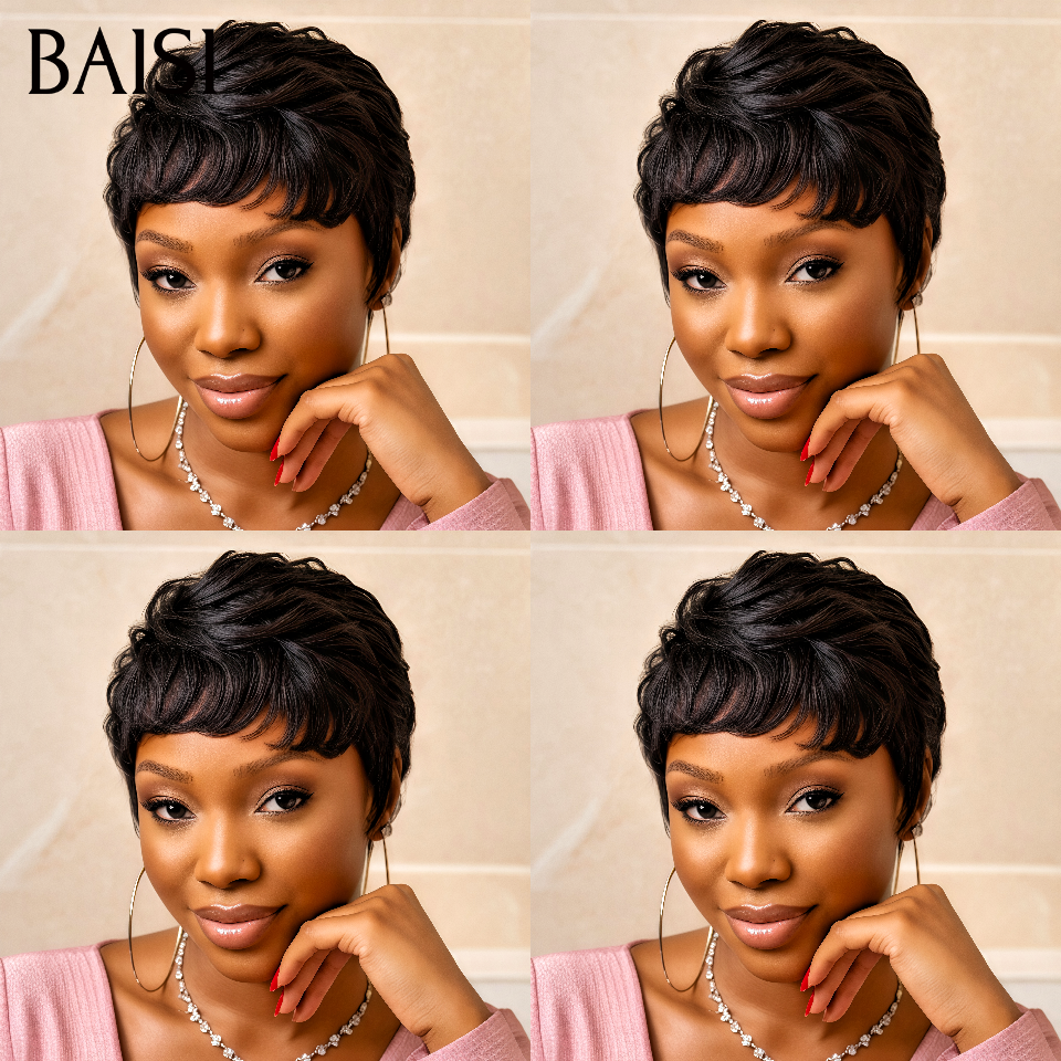 BAISI sans lace Perruque Pixie lisse noir 48€ moitié prix ou 13x4 lace Lisse en 100% Cheveux Humains MP50