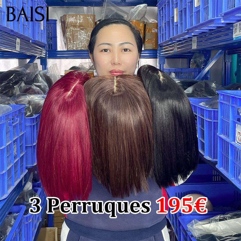 BAISI  3 Perruques bob Lisse avec Frange DE luxe pour revendre 195€ 8 pouces en Couleur Marron ou Bordeaux ou NOIR  250% densité en 100% vrais cheveux humains