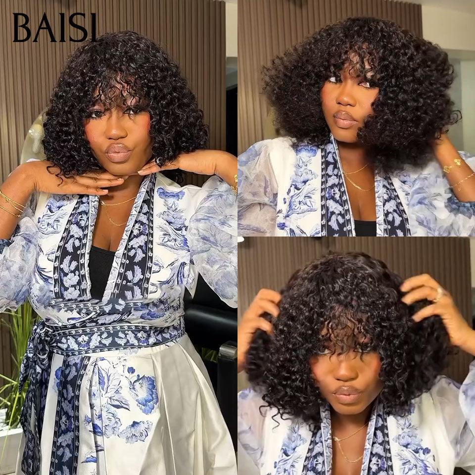 BAISI Offre Flash 80€ Perruque Bob curly wave avec Frange 12 pouces moitié prix en Noir Sans Lace en 100% Cheveux Humains MP50