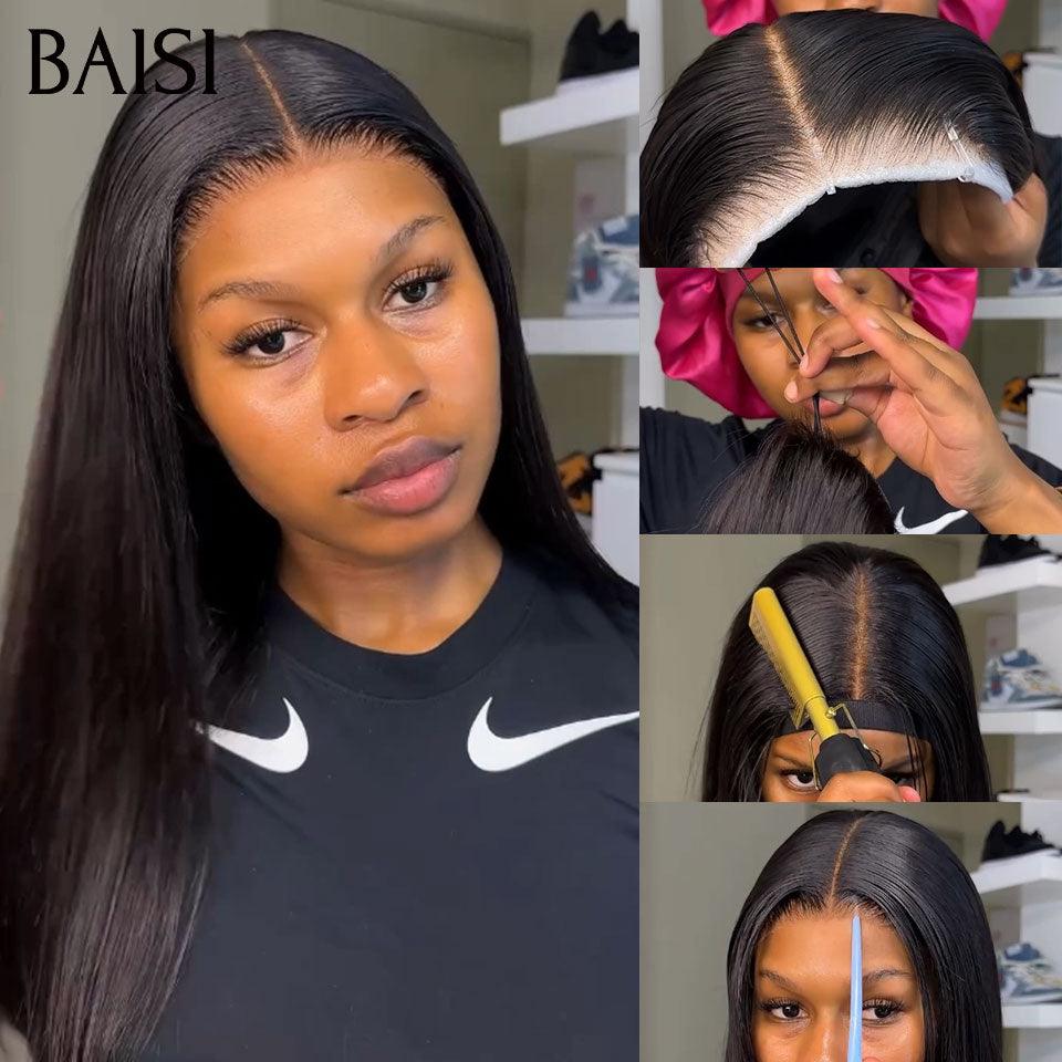 BAISI 4X4 Perruque Lisse Avec cordon de serrage Pré-plucked lace invisible frontale pré-épillées résultat impeccable 100% vrais cheveux humains 4C