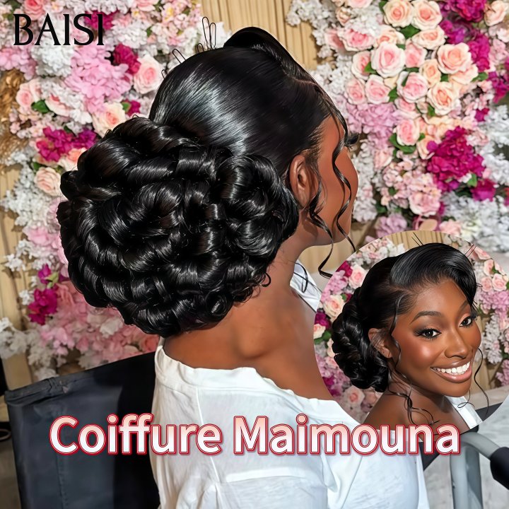 BAISI Coiffure de luxe Maimouna Perruques Mariage NOIR Prête à porter chignon et personalisation comme sur la vidéo 100% identique avec lace frontale événement spécial