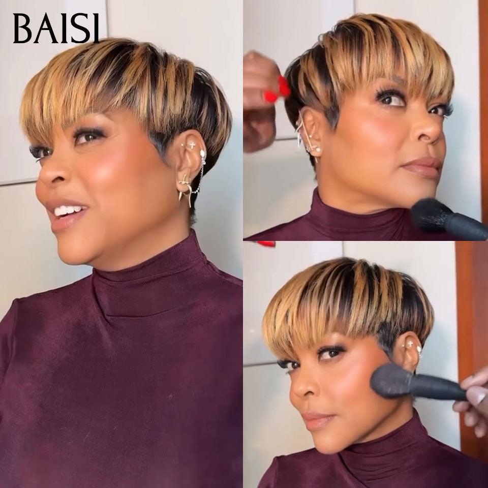 BAISI  Perruque Pixie Lisse petite coupe fabriqué à la machine moitié prix 65€ en couleur 1B#4#/27# En 100% Cheveux Humains MP50
