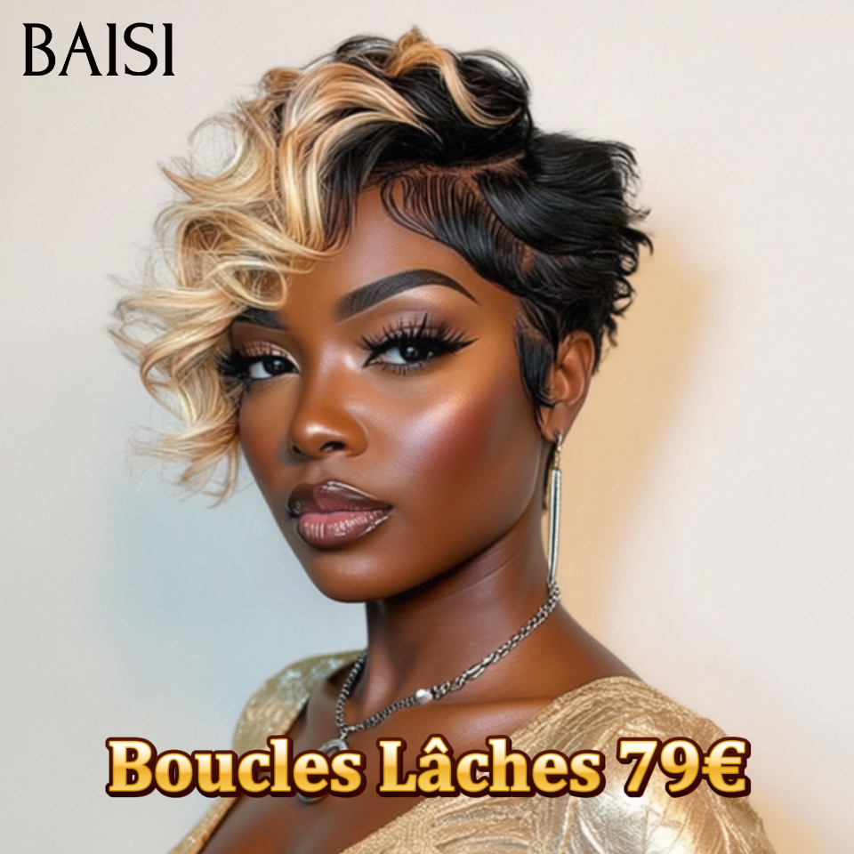 BAISI  13X4 lace Perruque Pixie vague Coiffure 2 couleur Mixte ou blonde 613# 6 Pouces Naturelle wave en 100% Cheveux Humains