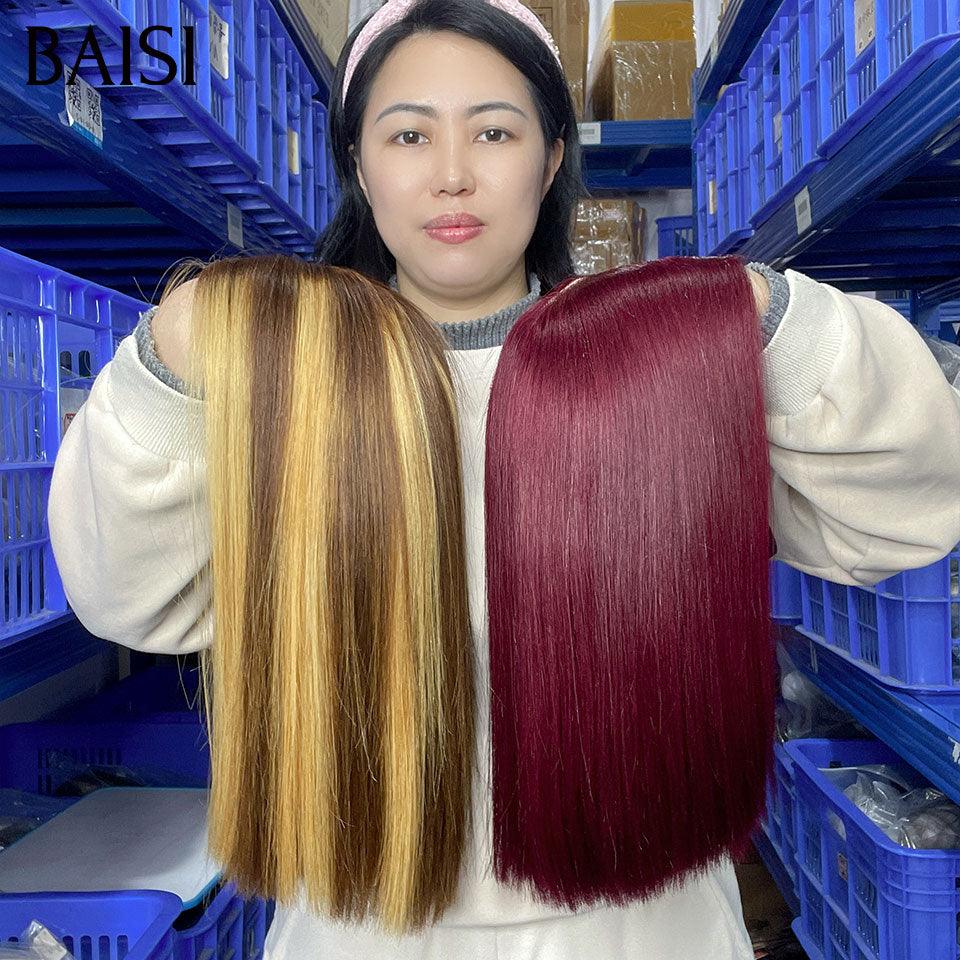 BAISI 2 perruques promo Lisse 13X4 lace 4#27# et 4X4 lace 99J#  lOT DE LA PERRUQUE ASHLEY COUPE BOUCLE MARRON PLUS CLOSURE PERRUQUE LISSE EN COULEUR NATURELLE