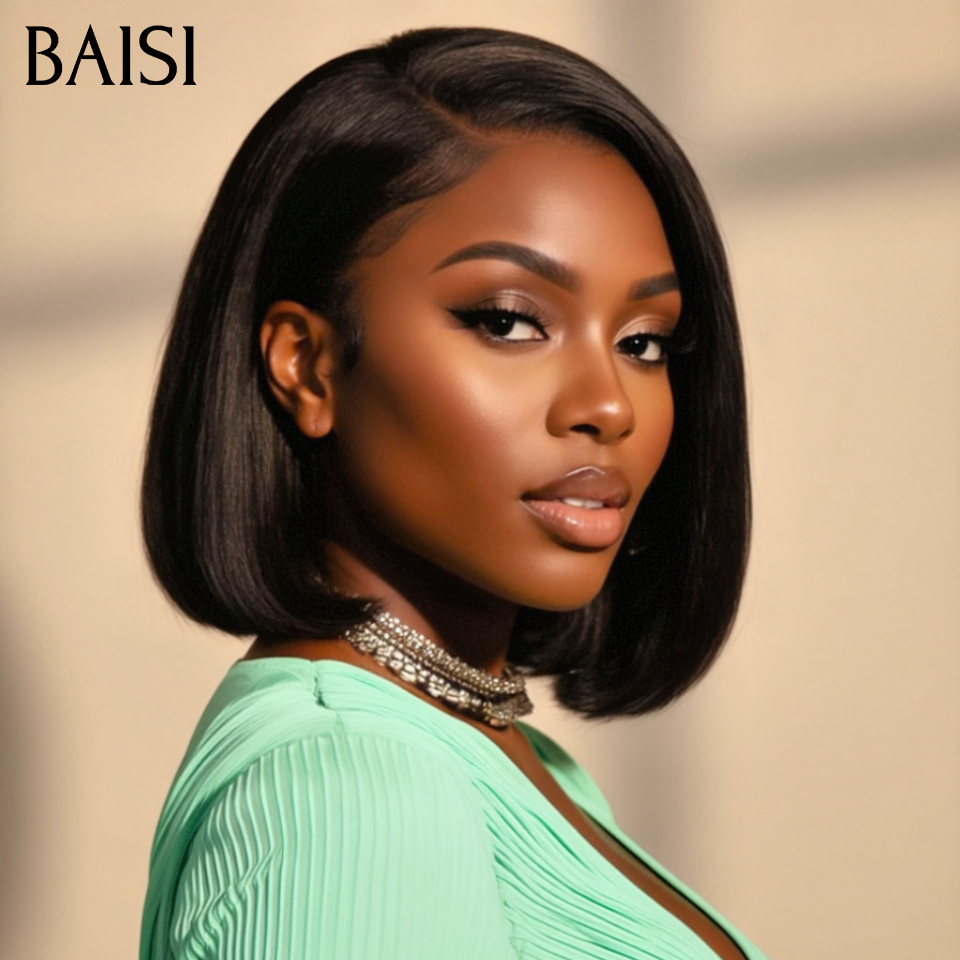 BAISI Perruques de Luxe 2X6 Lace Perruque BOB Noir Lisse 8 Pouce  85€ en 100% Cheveux Humains Vietnam Hair 300% densité