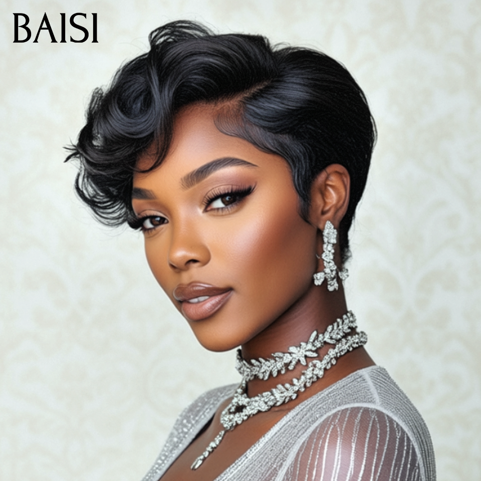 BAISI 13X4 lace Perruque Bob Lisse 6 Pouces pixie noir Raie sur le côté 100% Cheveux Humains