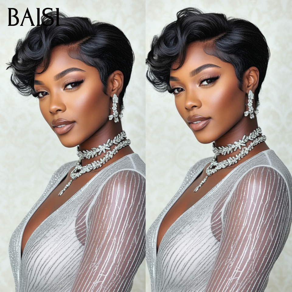 BAISI 13X4 lace Perruque Bob Lisse 6 Pouces pixie noir Raie sur le côté 100% Cheveux Humains