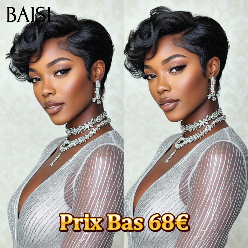 BAISI 13X4 lace Perruque Bob Lisse 6 Pouces pixie noir Raie sur le côté 100% Cheveux Humains
