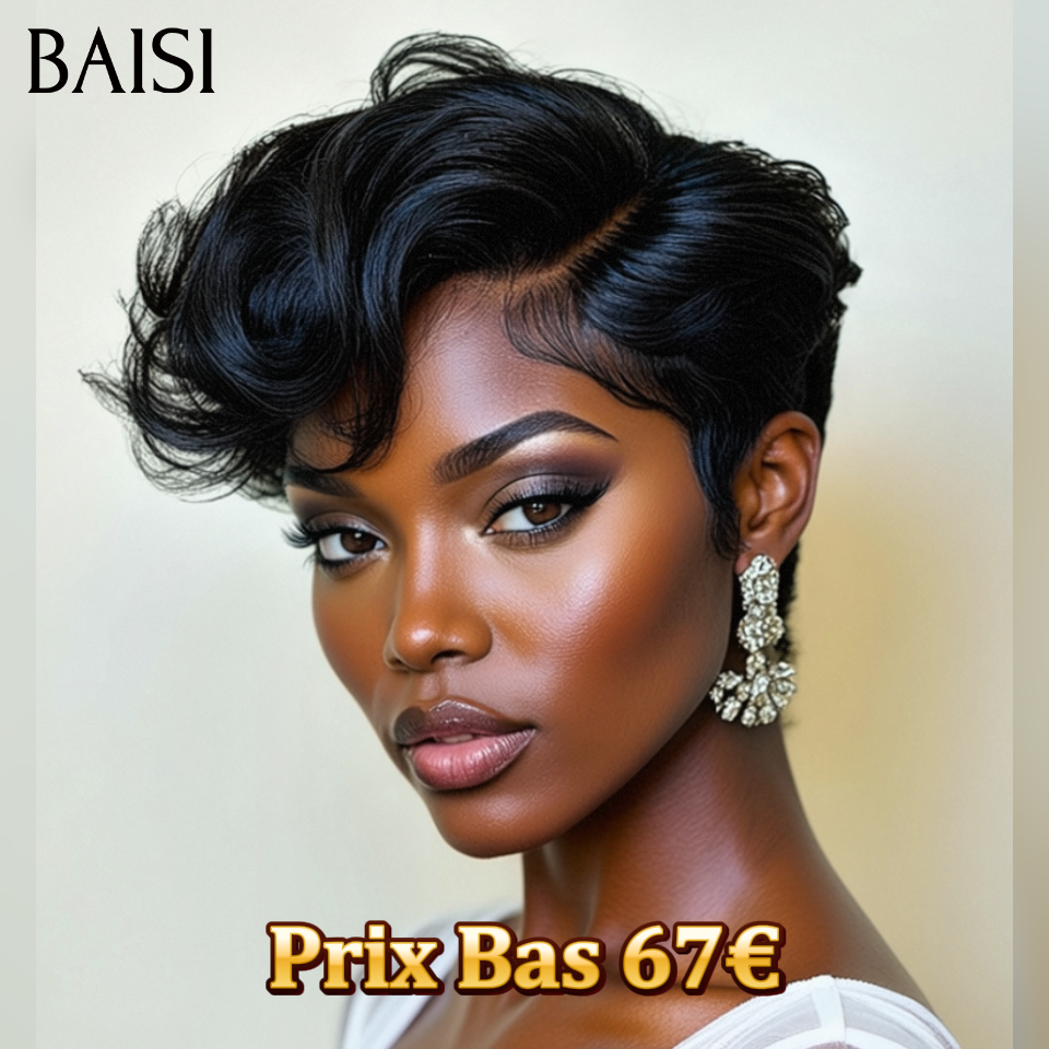 BAISI Pixie Cut Lace Frontal 13x4 lisse noir 67€ ou Curly en couleur noir et miel 1BT27# 98€ en 100% Vrais Cheveux Humains