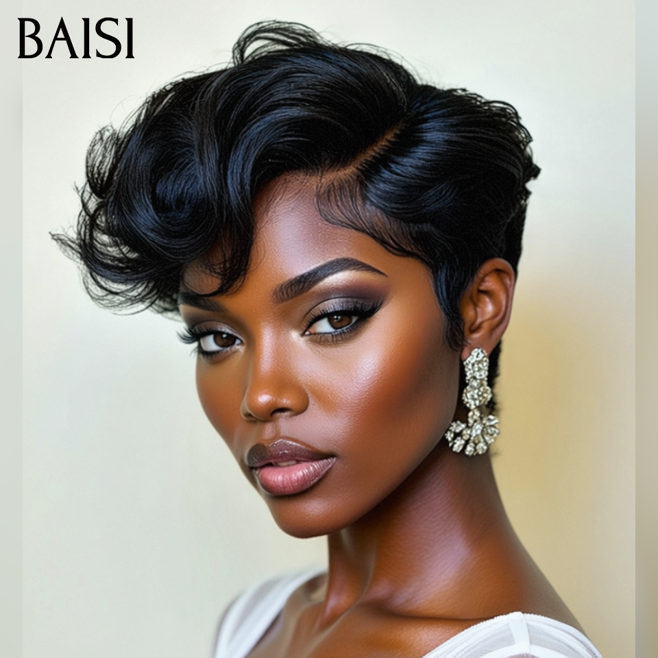 BAISI Pixie Cut Lace Frontal 13x4 lisse noir 67€ ou Curly en couleur noir et miel 1BT27# 98€ en 100% Vrais Cheveux Humains
