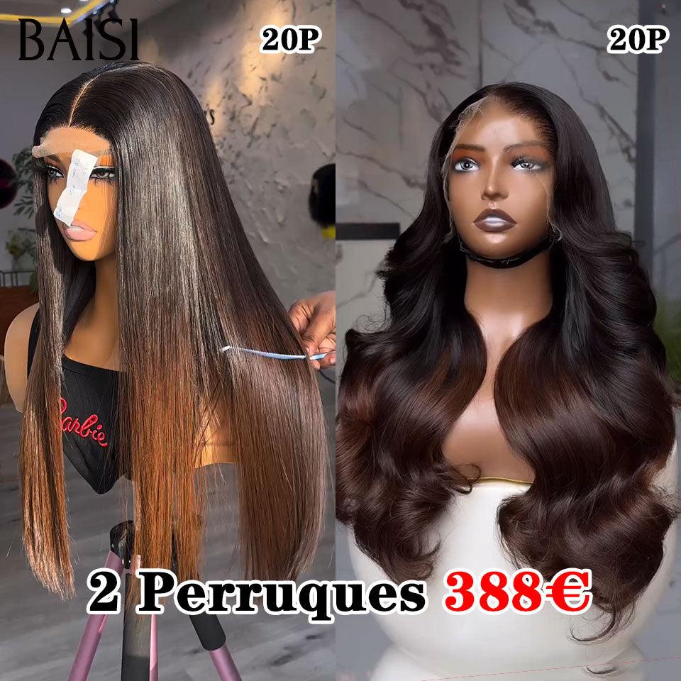 BAISI  2 Perruques pour revendre 388€ 2X6 lisse de luxe 1BT4# 20 pouces ou 13X4 lace body wave 1BT4# 20 Pouces 200% densité en 100% vrais cheveux humains BS60