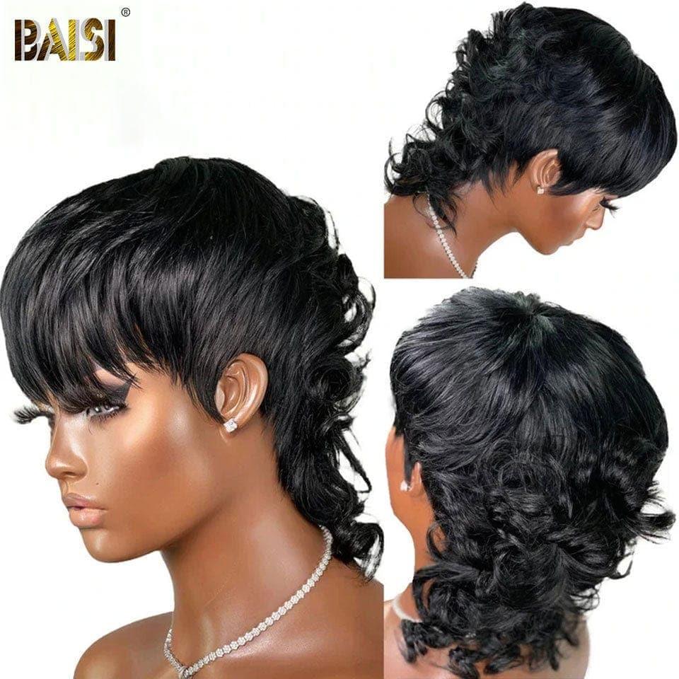 BAISI Top Modèle Perruque MULLET Style Natural Wave en Couleur Naturelle #1B ou blonde en 100% Cheveux Humains