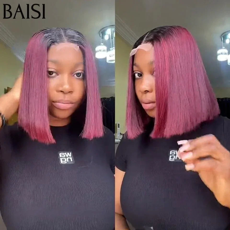 BAISI Offre Flash 99€ 100% Viêtnam Hair 2X6 Perruques de Luxe Haute Qualité 250% densité Lisse BOB en Couleur Bordeaux avec racine noir 1BT99J# en 100% Cheveux Humains FR38