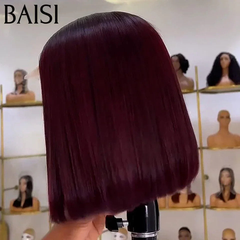 BAISI 2X6  Perruques de Luxe Haute Qualité Viêtnam Hair  Lisse BOB en Couleur  Bordeaux avec racine noir 1BT99J# en 100% Cheveux Humains